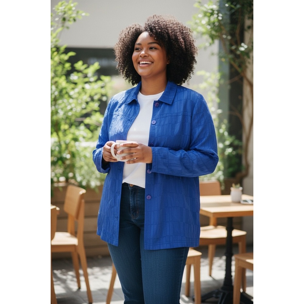 TanJay Women's Blue Textured Button Front Jacket Plus Size 16W